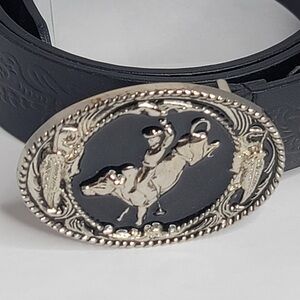 Black belt XXL Geniune bonded embossed leather Rodeo buckle Bull rider Metal